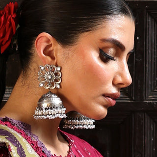 Silver Statement Pearl Oxidised Jhumke I Earring - 1
