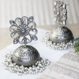 Silver Statement Pearl Oxidised Jhumke I Earring - 2