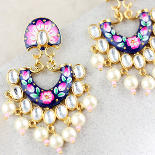 Blue Statement Hand Painted Pearl Earring